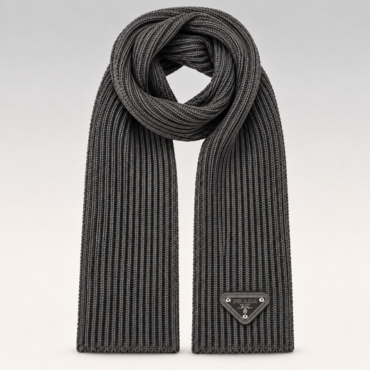 Metal Triangle Logo Ribbed Knit Beanie & Scarf Set