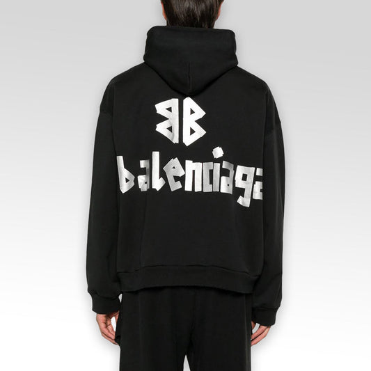 Tape Type Logo Ripped Pocket Oversized Hoodie