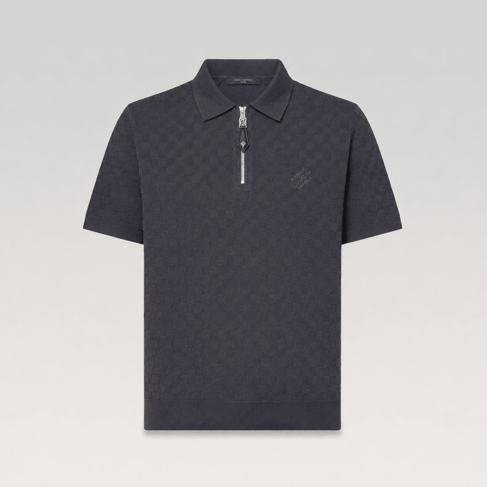 Damier Jacquard Embroidered Logo Knitted Polo T-shirt with Zipper