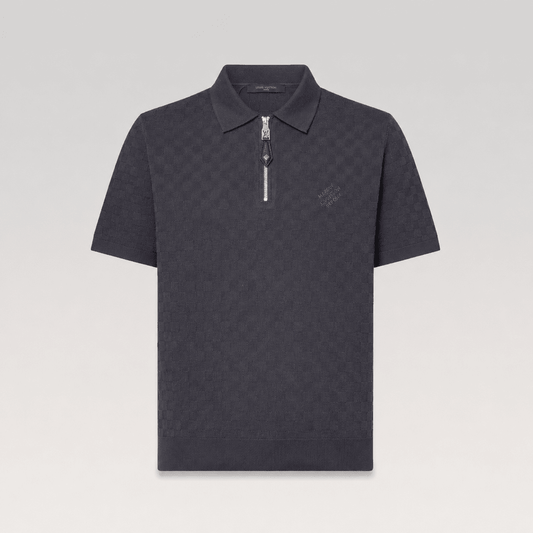 Damier Jacquard Embroidered Logo Knitted Polo T-shirt with Zipper