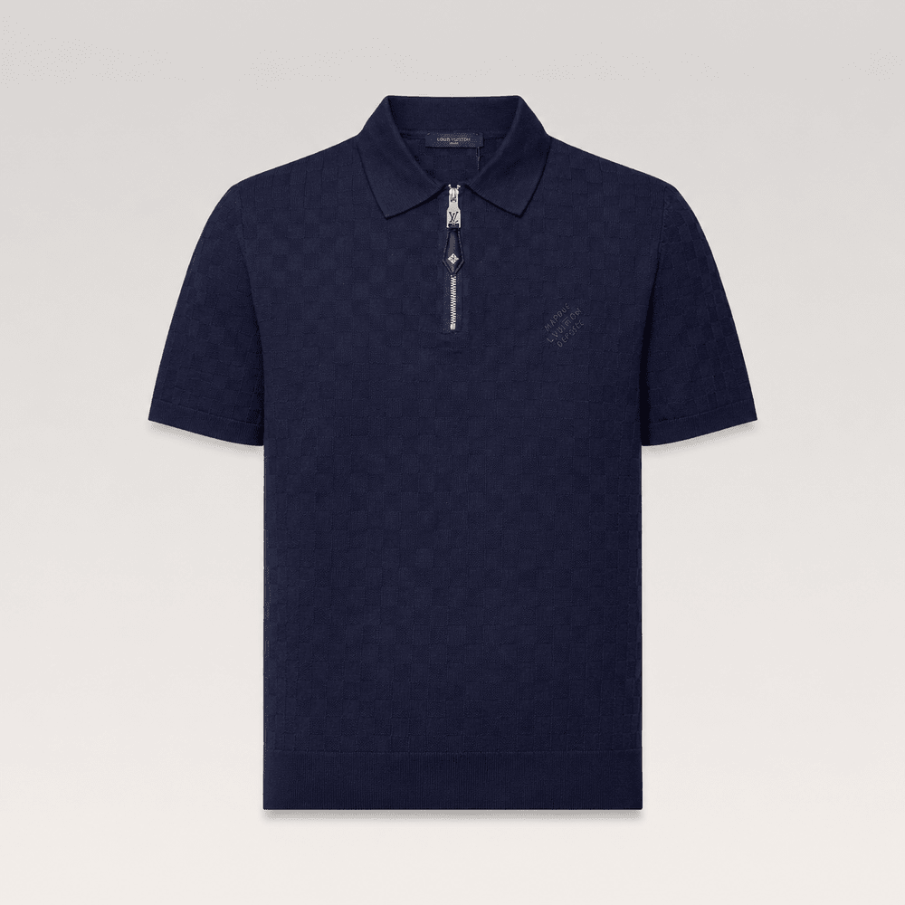 Damier Jacquard Embroidered Logo Knitted Polo T-shirt with Zipper