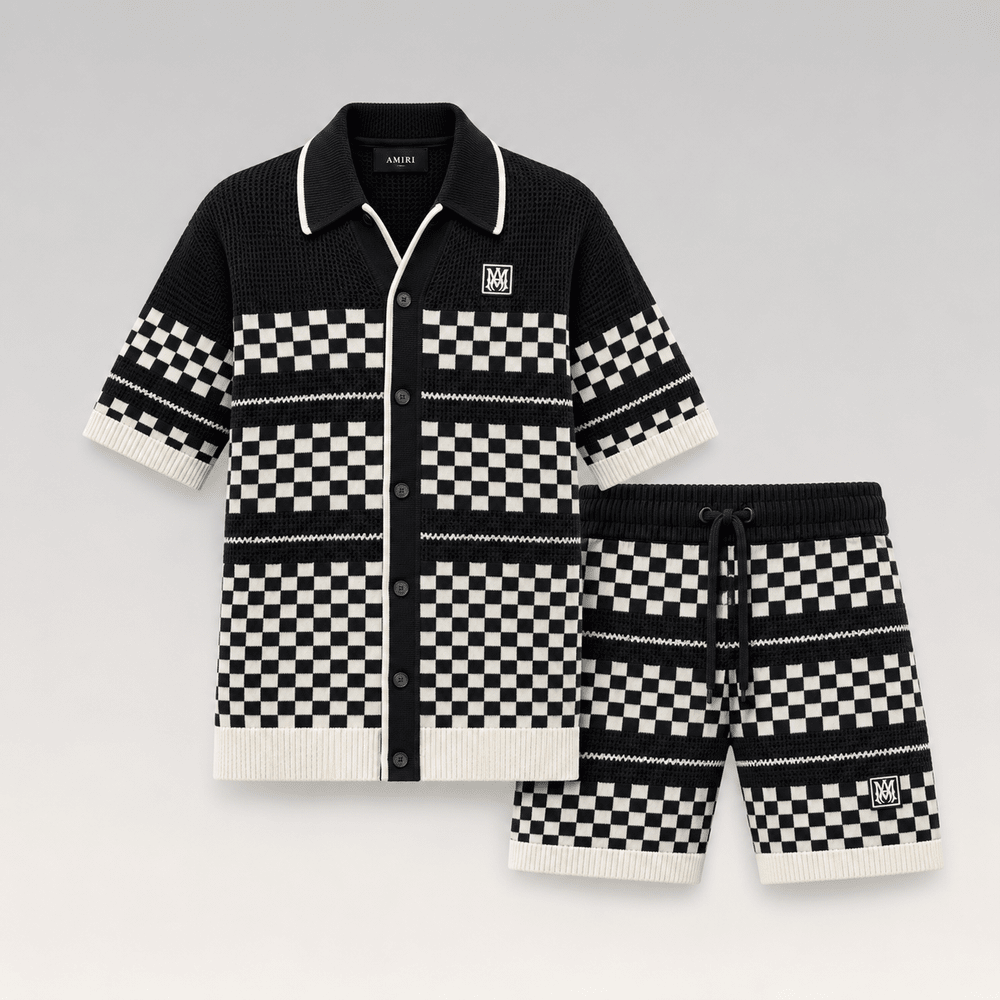 Checkered Knit Mesh Shirt-Shorts Set