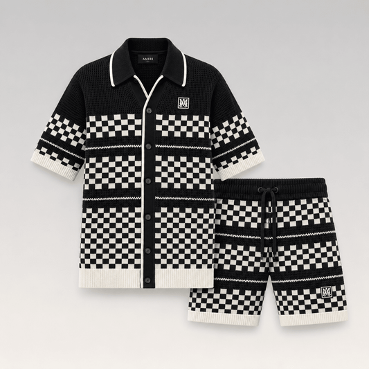 Checkered Knit Mesh Shirt-Shorts Set