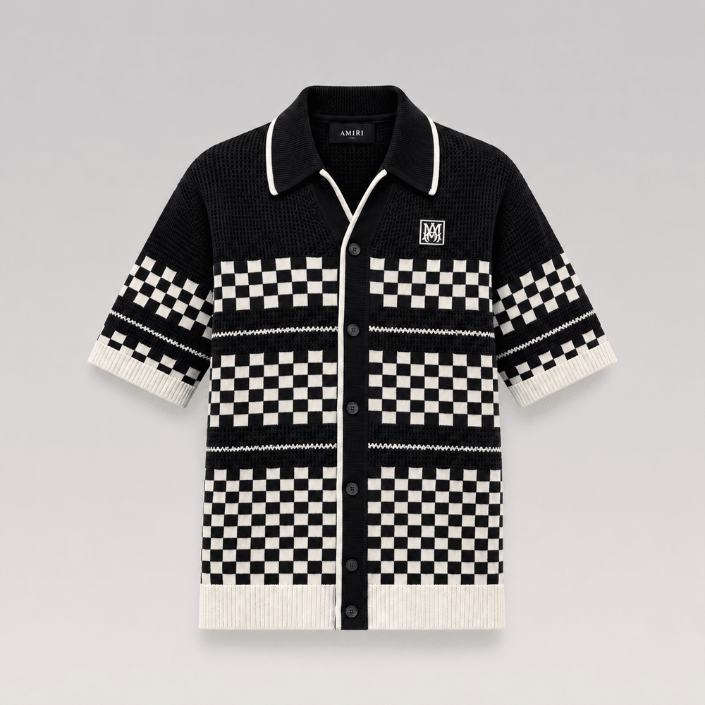 Checkered Knit Mesh Shirt-Shorts Set