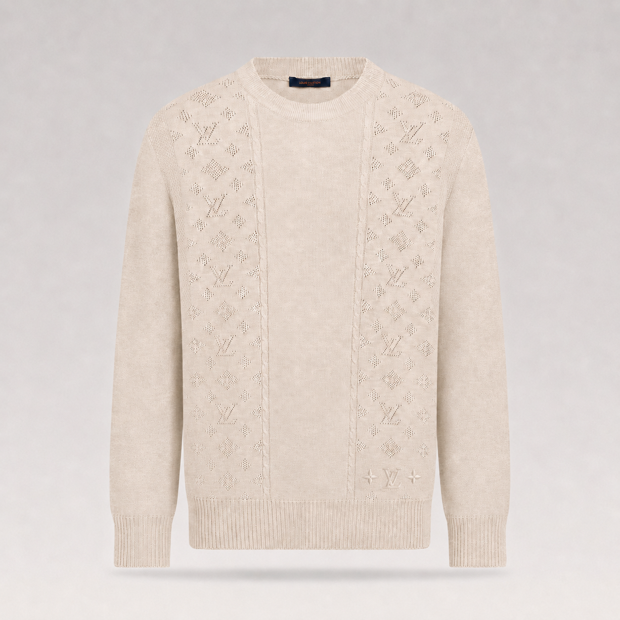 Pointelle Knit Long-Sleeved Crewneck Sweater