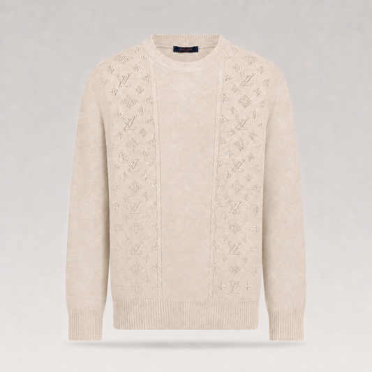 Pointelle Knit Long-Sleeved Crewneck Sweater