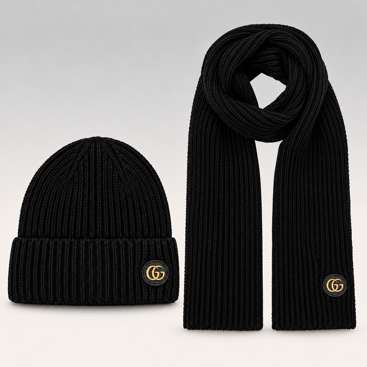 Logo-Plaque Ribbed Knit Beanie & Scarf Set
