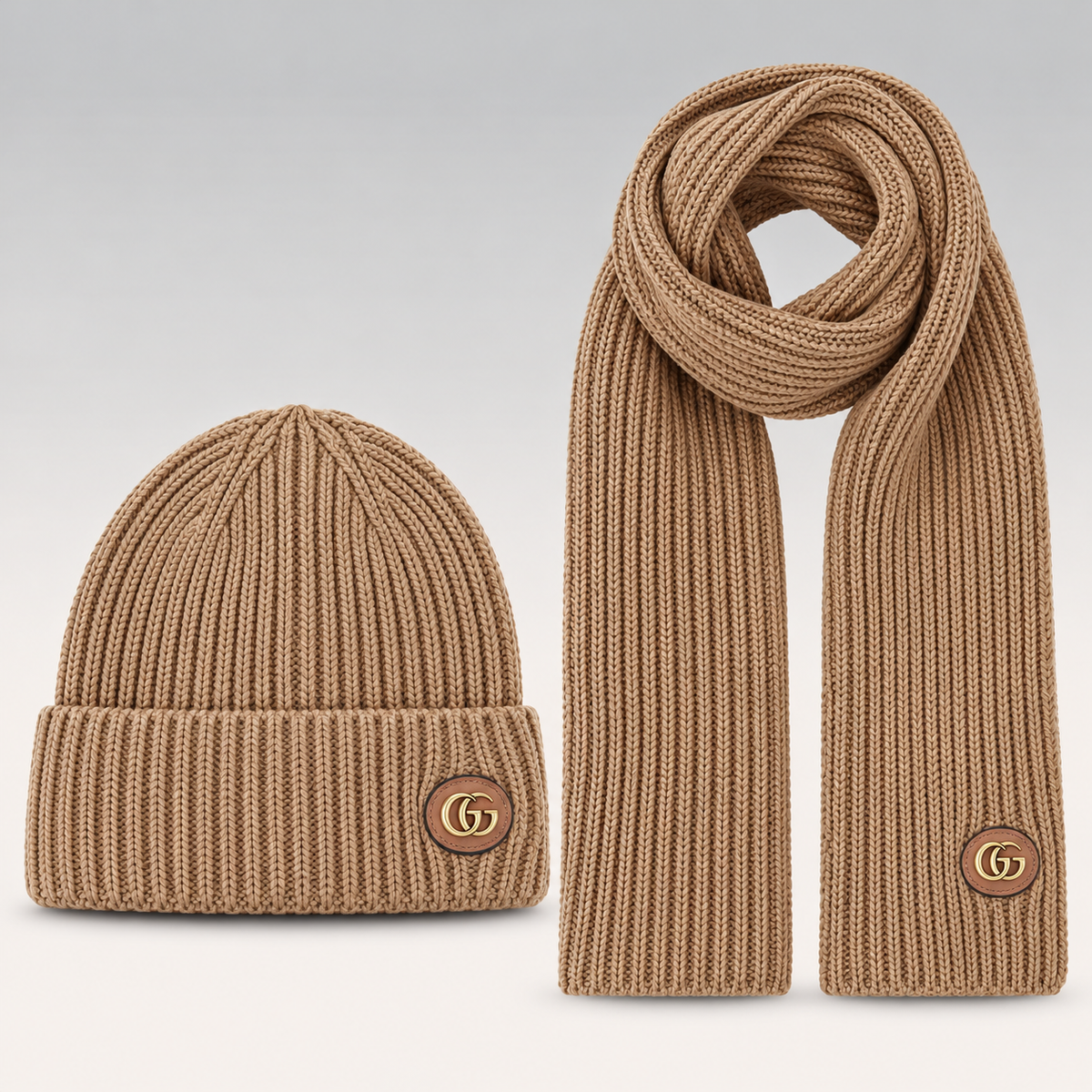 Logo-Plaque Ribbed Knit Beanie & Scarf Set