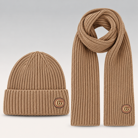 Logo-Plaque Ribbed Knit Beanie & Scarf Set