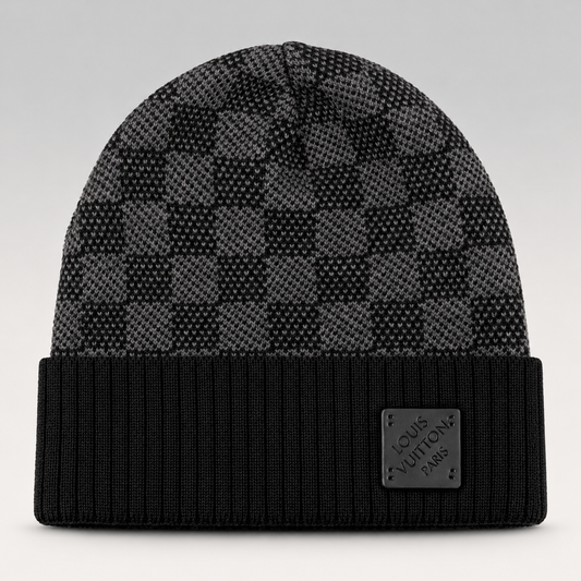 Damier Pattern Logo-Plaque Knit Beanie