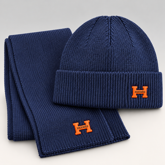 H Logo Ribbed Knit Beanie & Scarf Set