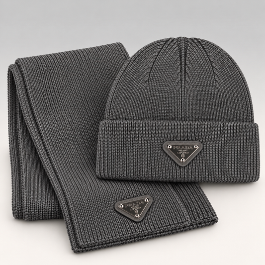 Metal Triangle Logo Ribbed Knit Beanie & Scarf Set