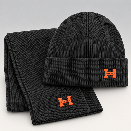 H Logo Ribbed Knit Beanie & Scarf Set