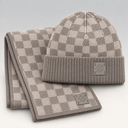 Damier Pattern Logo-Plaque Knit Beanie & Scarf Set