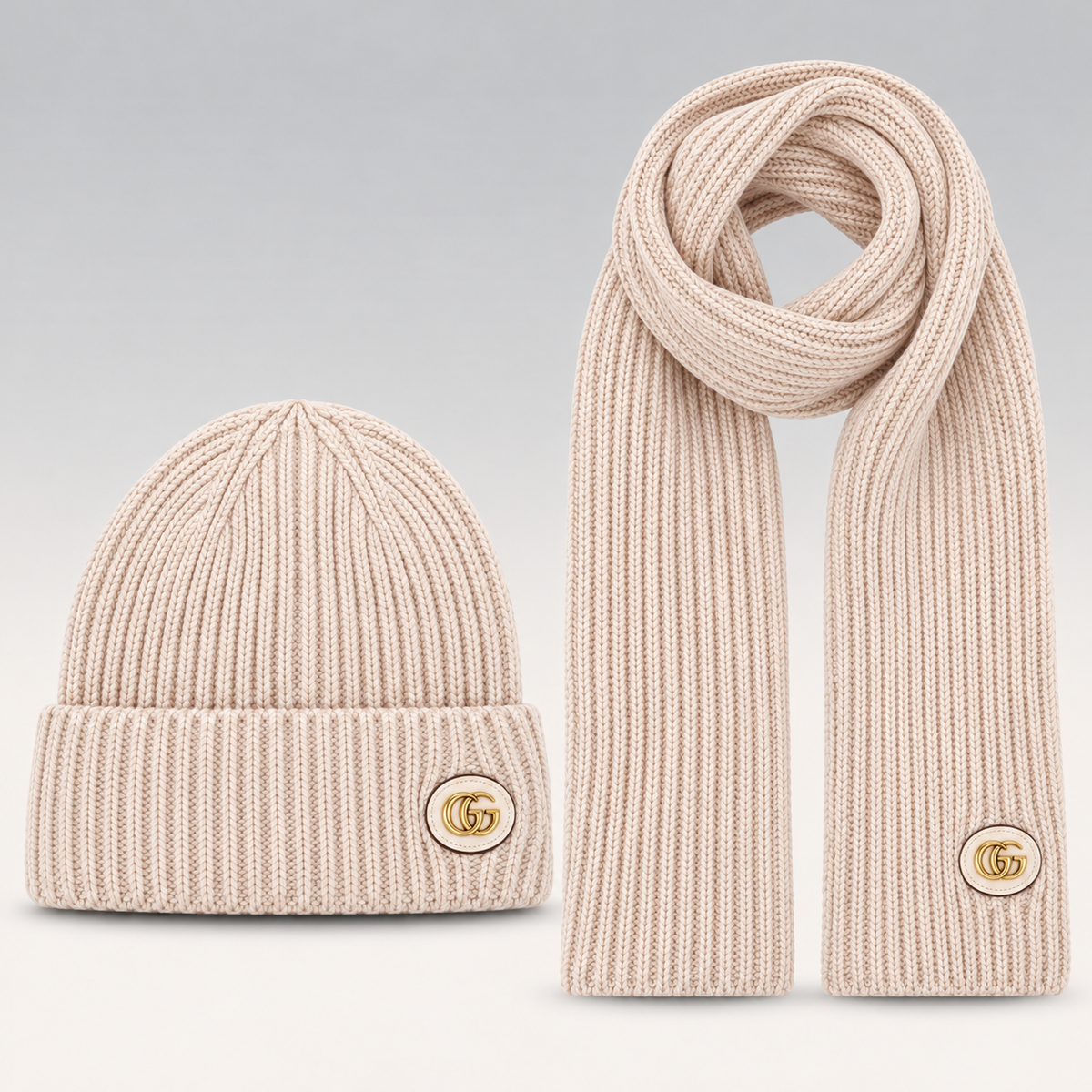 Logo-Plaque Ribbed Knit Beanie & Scarf Set