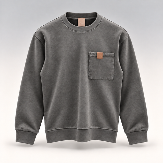Signature Pocket Washed Grey Crewneck Sweatshirt