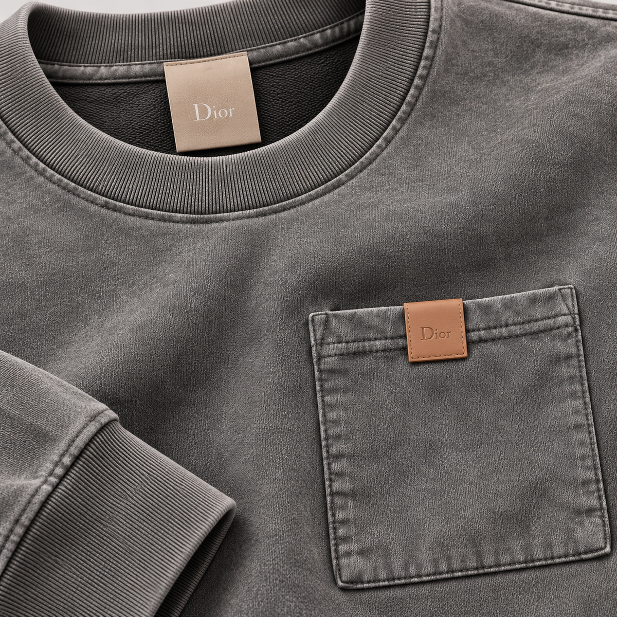 Signature Pocket Washed Grey Crewneck Sweatshirt