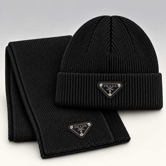 Triangle Logo Ribbed Knit Beanie & Scarf Set