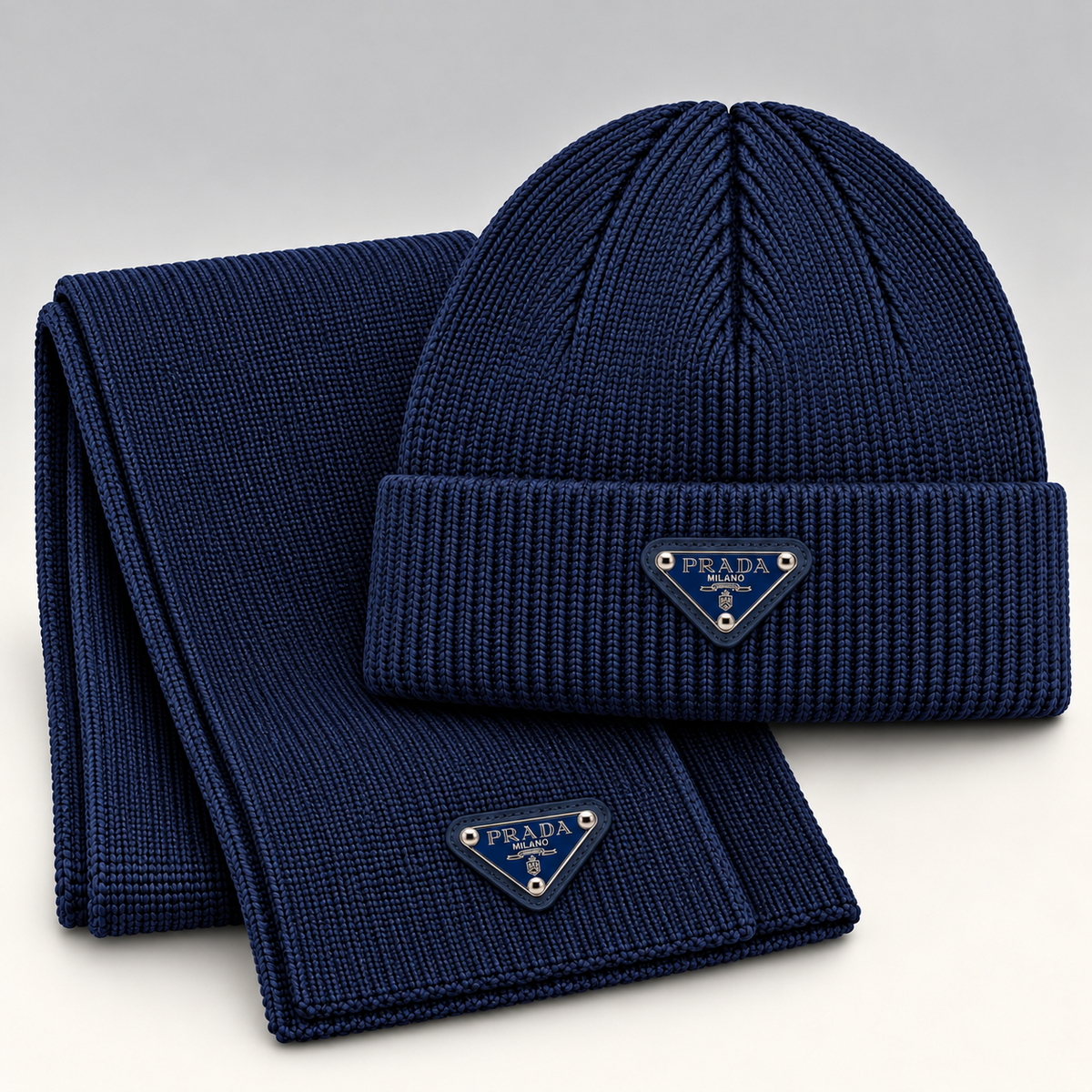 Triangle Logo Ribbed Knit Beanie & Scarf Set