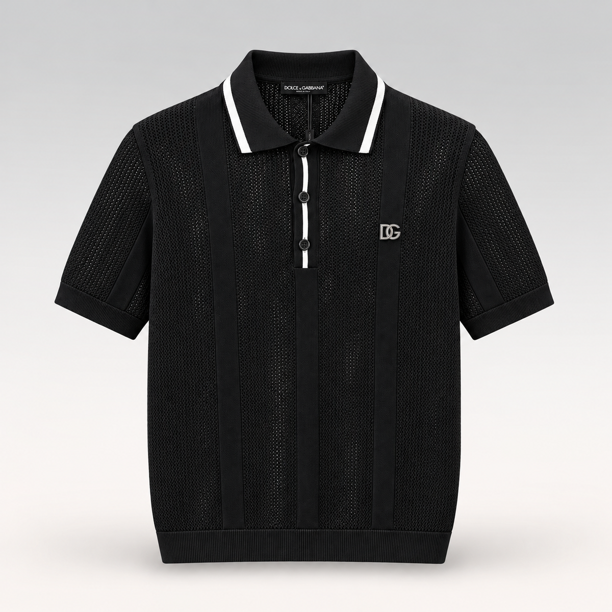 Metal Logo Openwork Knit Polo Shirt