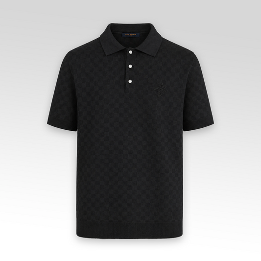 Damier Jaquard Embroidered Logo Knit Polo Shirt