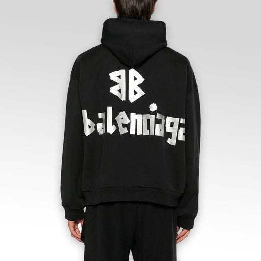 Tape Type Logo Ripped Pocket  Oversized Hoodie