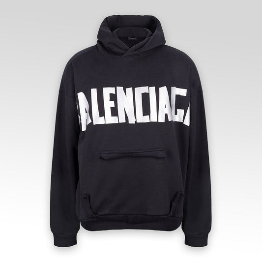 Tape Type Logo Ripped Pocket  Oversized Hoodie